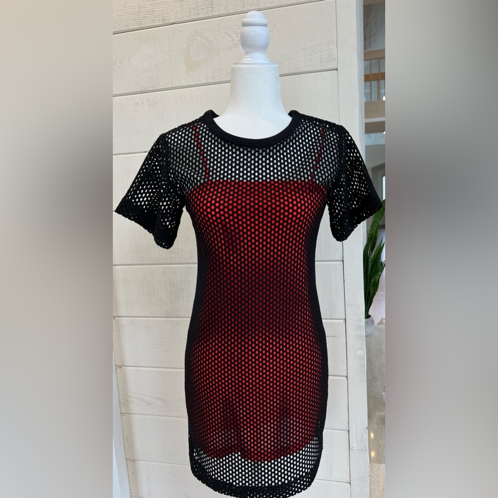 Sandro Paris Black Mesh Mini dress with Orange Sheath under layer. Size Small